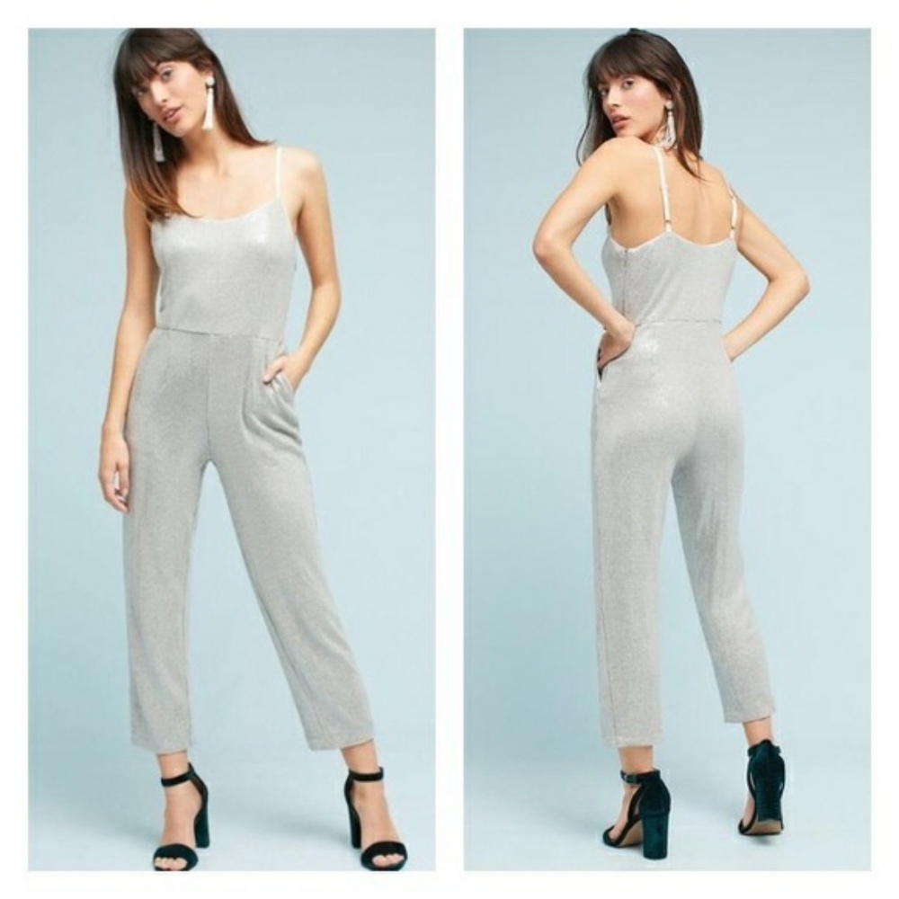 ANTHROPOLOGIE "CLAUDETTE" SILVER SEQUIN JUMPSUIT